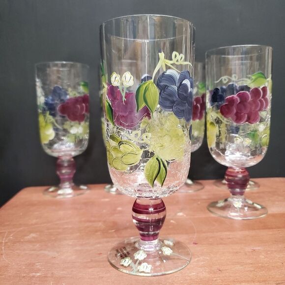 6 Vintage 1990's Crackled Glass Hand Painted Grapes Water or Iced Teas Glasses - Picture 5 of 10